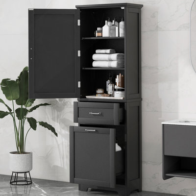 Grande armoire de rangement pour salle de bain, armoire de rangement autoportante avec deux tiroirs de tailles différentes et tablette réglable, panneau de fibres à densité moyenne avec finition peinte