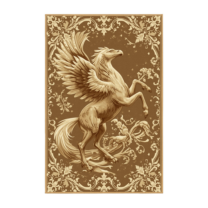 Machine Washable Joyce Hippogriff Classic Damask Rug in Brown – LightBrown Binding, 2x3