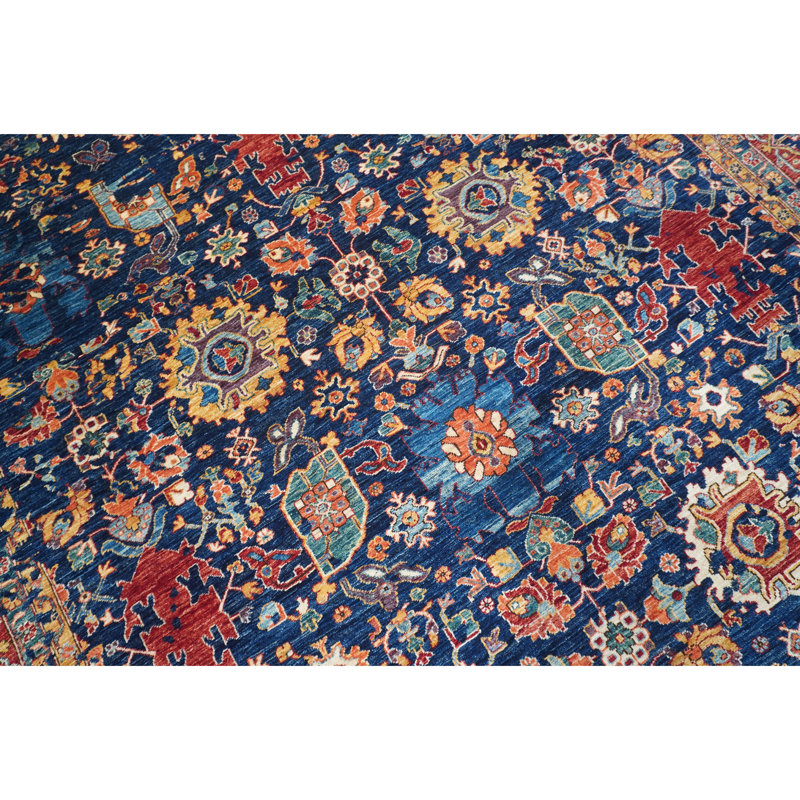 Tapis bleu marine et rouge de haute qualité noué à la main