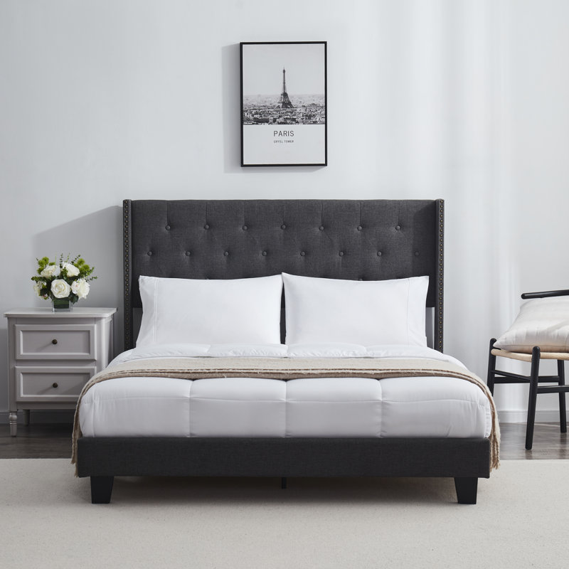 Nestl Wingback Diamond Upholstered Platform Bed, Gray, King