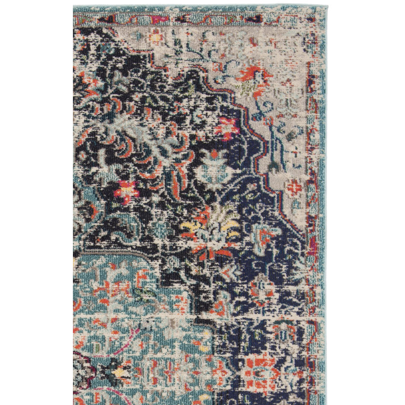 Felty Oriental Power Loom Polypropylene Area Rug in Black/Teal, Square 6'7"