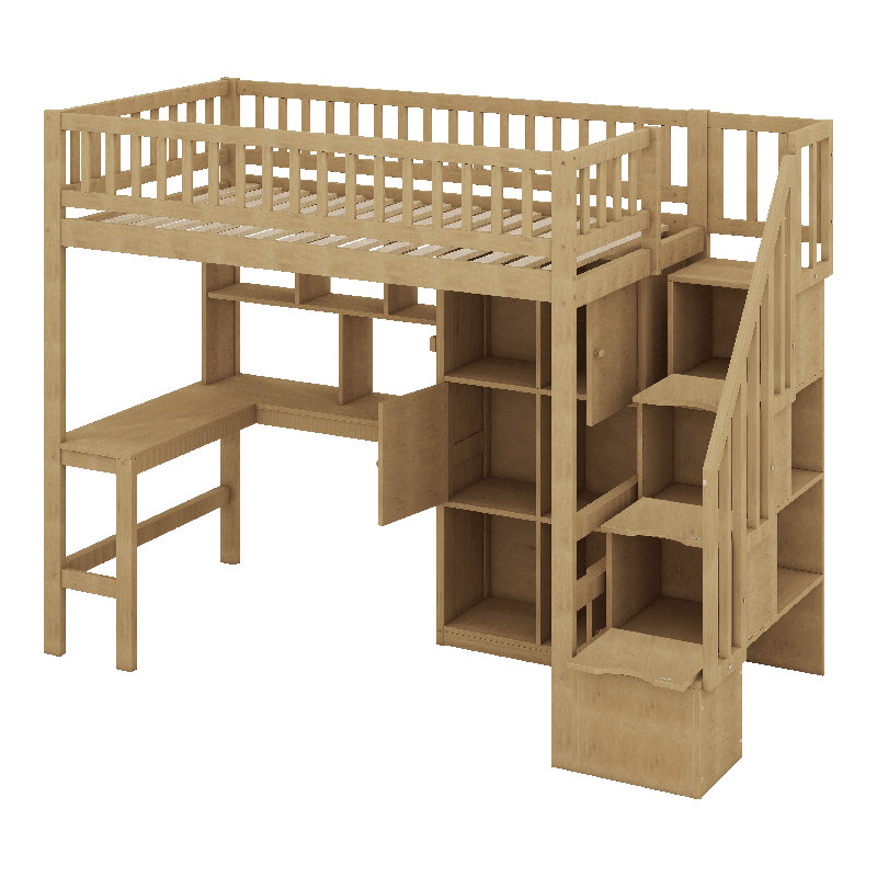 Lit mezzanine simple en bois: bureau intégré, DEL, tablettes de rangement, armoires et escalier, Noyer