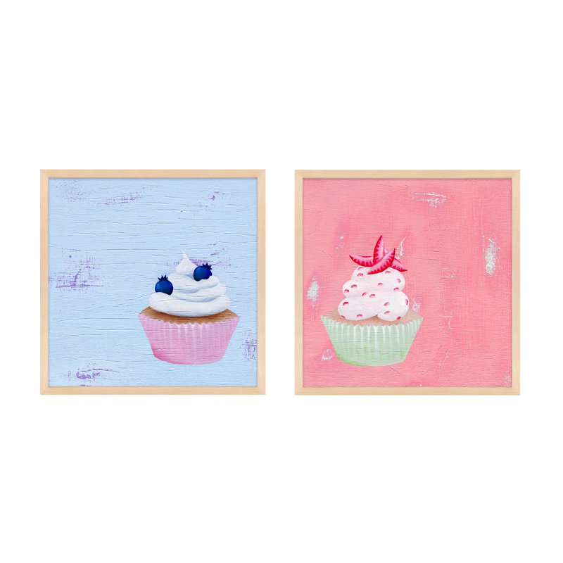 Blueberry And Strawberry Cupcakes. Set Of 2 Print by Katy Montica, 16" W x 16" H x 1.25" D, Brown Framed Paper
