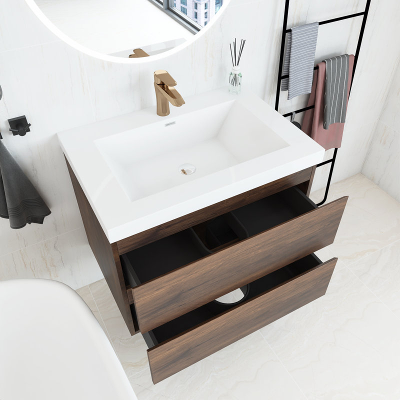Meuble-lavabo mural simple 30 po avec plateau en résine Tarini, Blanc, Palissandre