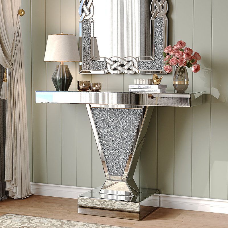 Console en miroir à écrasement de diamant, table de canapé moderne en verre réfléchissant pour hall d'entrée, table d'appoint rectangulaire en forme de V pour le couloir du salon