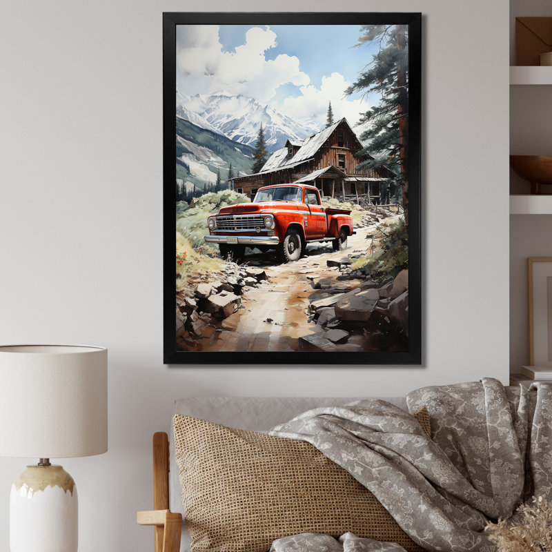 Retraite de montagne en camionnette rouge Taounate, H 32 po x l 24 po x P 1 po, Cadre photo noir