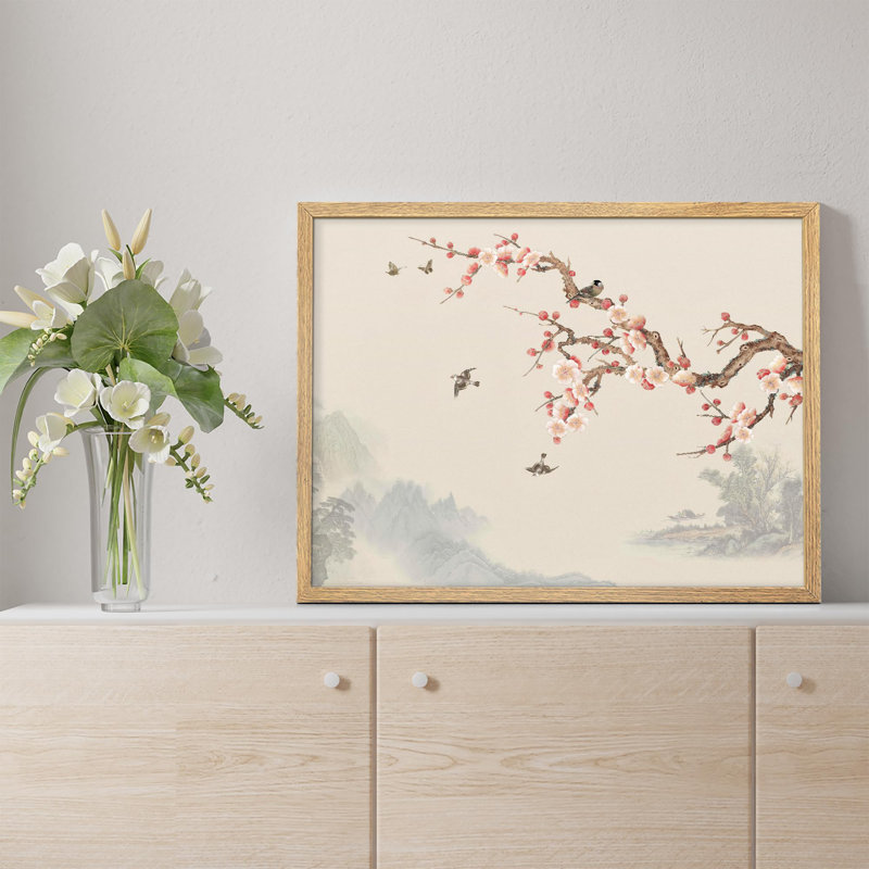 «Blooming Cherry Blossoms and Birds in Traditional Asian Landscape Prints», affiche encadrée rustique, Naturel / naturel