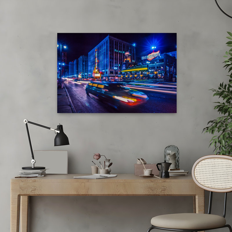Car at night city street Woodward Avenue Downtown Detroit Michigan USA 1 Piece Wrapped Canvas Wall Art, 40.64cm H x 60.96cm W