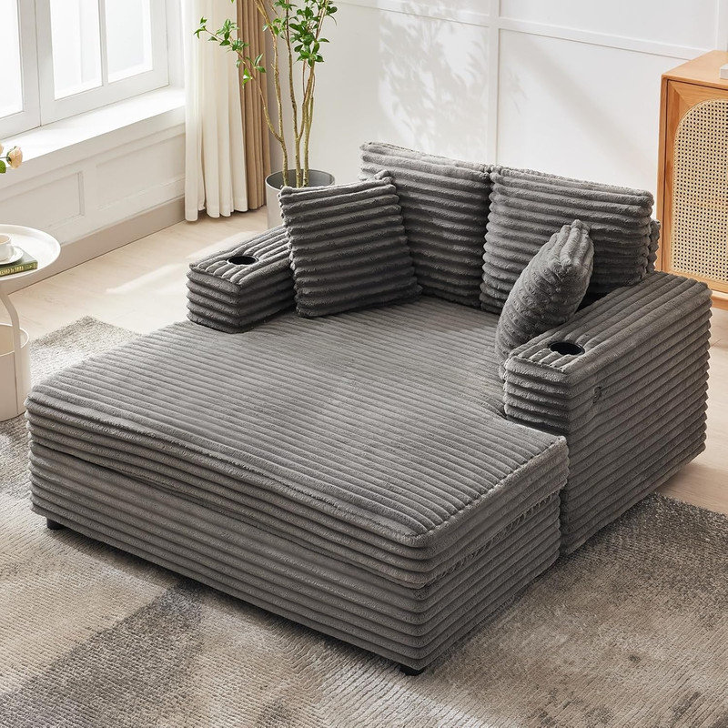 Méridienne surdimensionnée de 60 pouces, canapé-lit rembourré en velours côtelé avec coussins décoratifs pour le salon, Gris