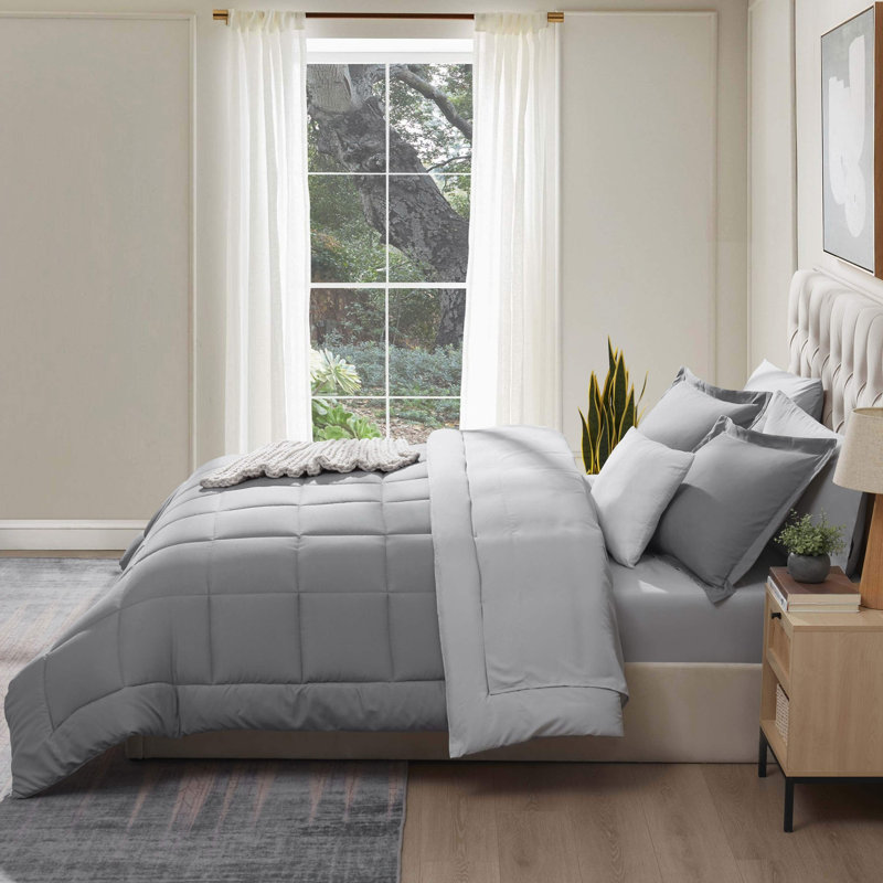Bed-in-A-Bag Reversible Comforter Set with Bed Sheets & Down Alternative Pillows, Gray