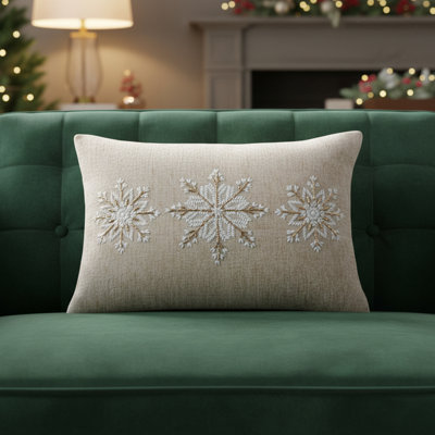 14" X 20" Beige Ivory And Gold Christmas Snowflakes Throw Pillow With Embroidery