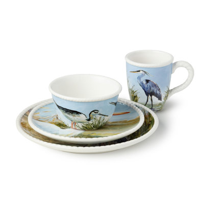 Coastal Birds 16-Piece Dinnerware Set Service for 4, Ceramic Dinner Salad Plates Mugs Bowls, artist-designed Wetland Birds, Blue Sky for Coastal Dining