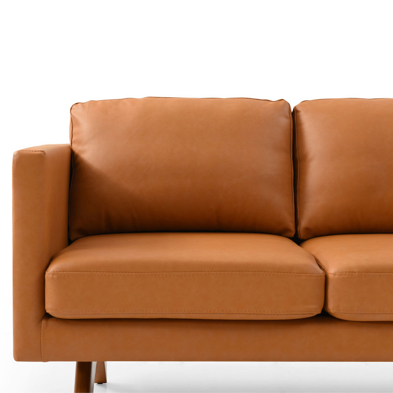 Canapé en cuir 83 po Rykia, Pieds en noyer / coussin brun clair