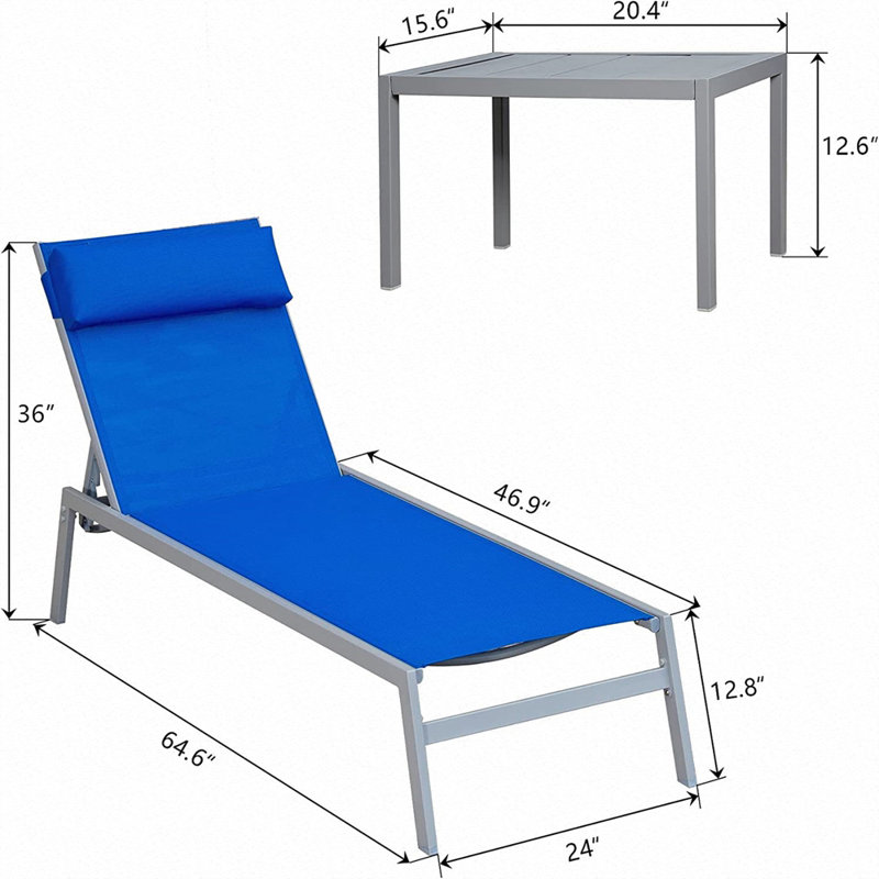 Chaise longue d'extérieur en métal Eluteria - Ensemble de 2 avec table, Bleu