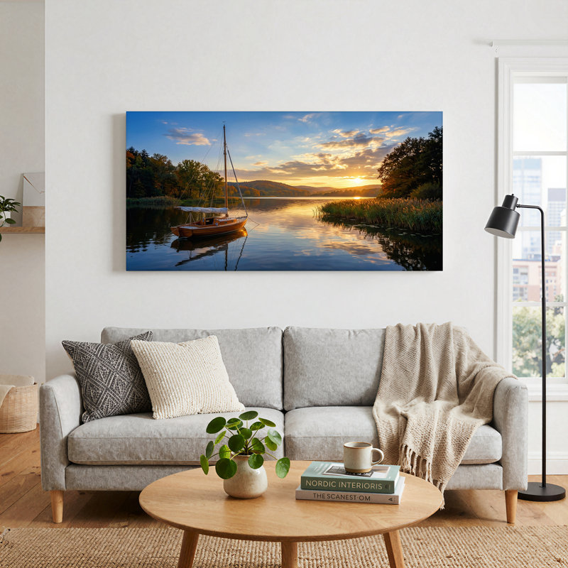 Impression sur toile, voilier en bois reflété dans un lac au coucher du soleil, L 46 po x H 24 po