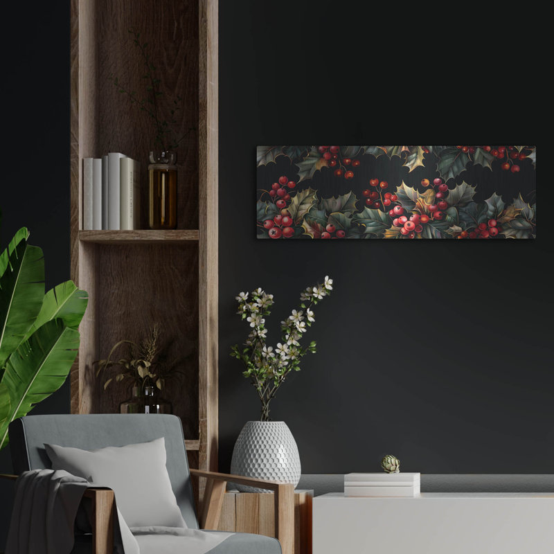 The Holiday Aisle® «Holly Patterns with Black Fond 2» par Momart, art mural en métal, 36 po x 12 po, H 12 po x l 36 po