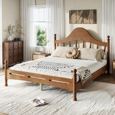 Queen Size Platform Bed with Chic Headboard, Solid Wood BED Frame with Slatted Support, No Box Spring Needed and Low to Ground Design, Antique Brown