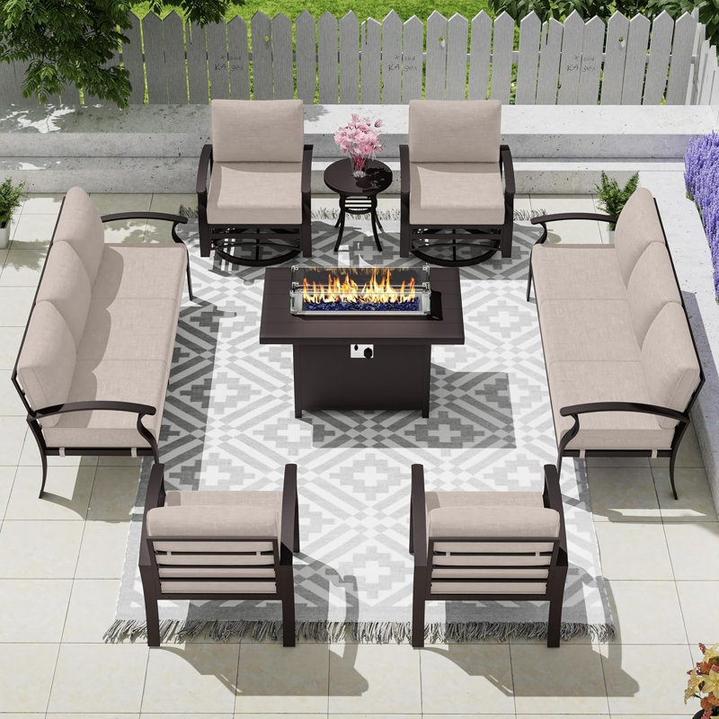 Ilonka 10-Person Outdoor Patio  Furniture Aluminum Conversation Set Swivel&Glider Armchair With LP Fire Pit Table, Tan