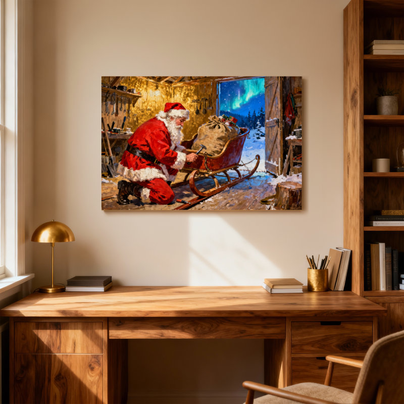 Père Noël de Noël chargeant un traîneau avec des cadeaux dans un atelier