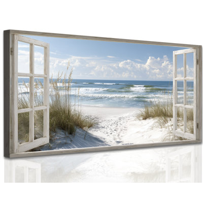  Plage, art mural, impressions de fenêtre ouverte rustique, peinture océanique sereine, peinture de bord de mer, cadre vieilli, décoration pour salon, chambre, salle de bain, décoration murale côtière, 12 x 24 pouces