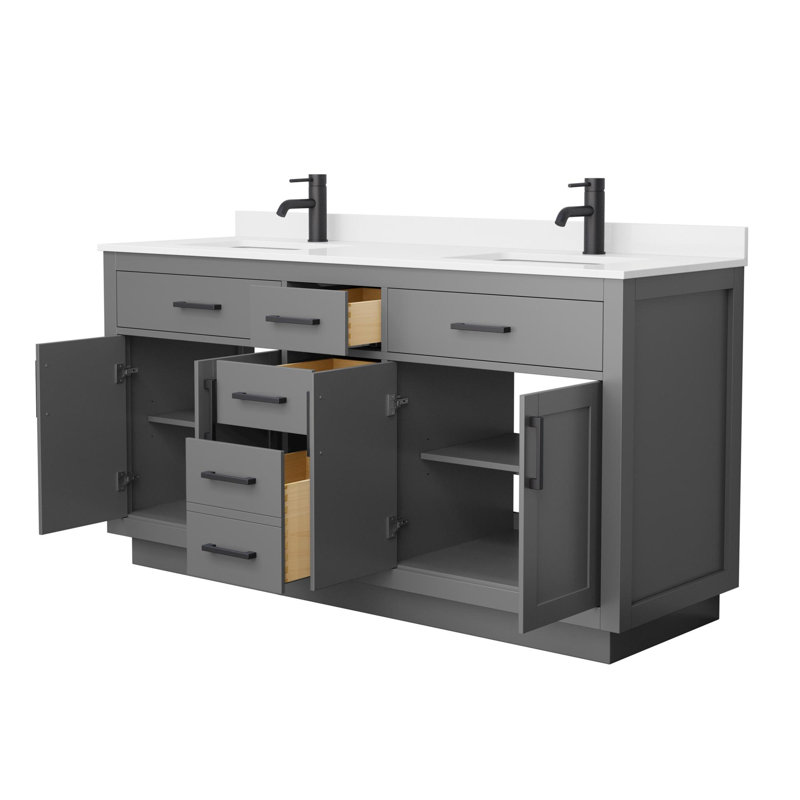 Beckett TK 66'' Double Bathroom Vanity with Quartz Top, Single, Matte Black, Gray