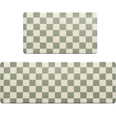 Checkered Grid Checkerboard Kitchen Rug Sets,2 Pcs,Beige & Sage