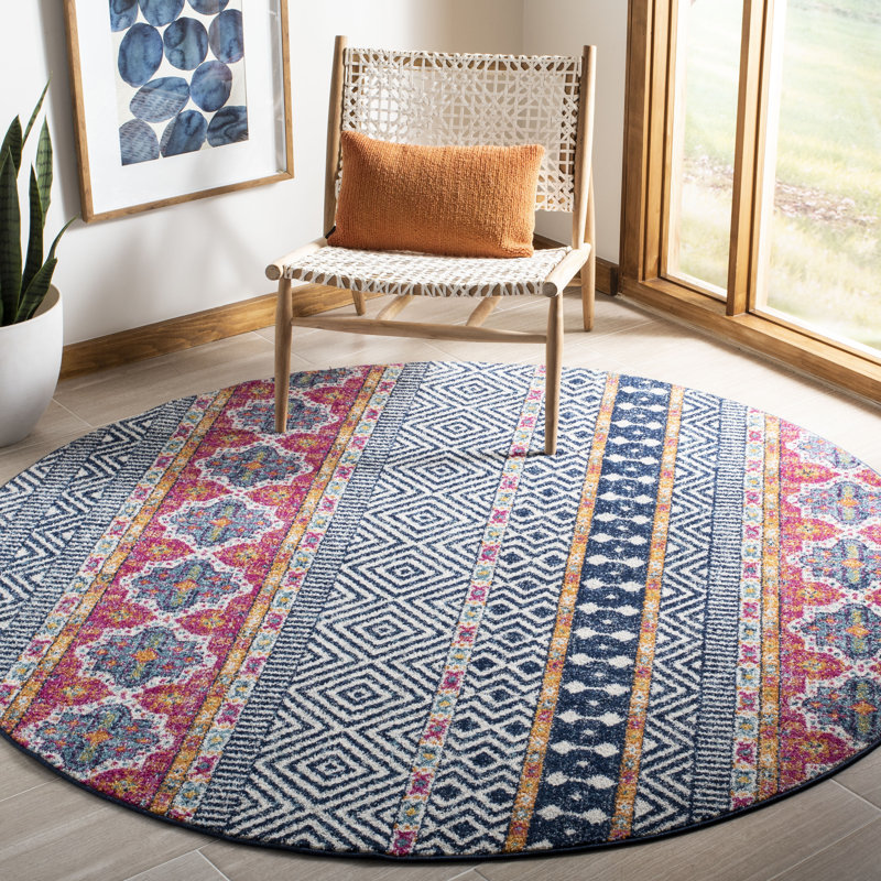 Tapis bleu marine / ivoire à motif géométrique Felty, Rond 9 pi