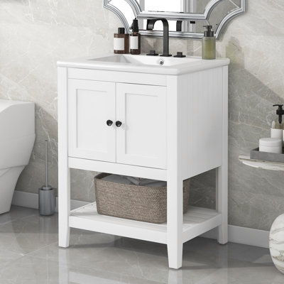 Lavabo de salle de bain moderne élégant en céramique 24 po avec tablette ouverte en bois massif