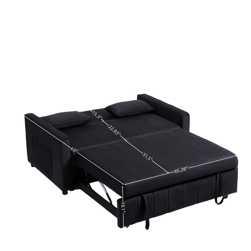 Sleeper Sofa Bed, 3-in-1 Velvet Pull Out Couch with Armrests, Storage Pockets and 2 Pillows, Adjustable Backrest, Sofa Bed Couch for Living Room, Bedroom(Black)