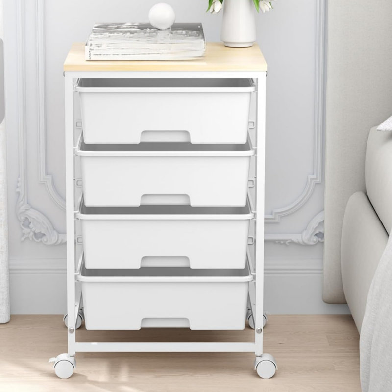 Storage Trolley 4 Drawers, Multipurpose Storage Drawer Unit White with Lockable Wheels for Classroom