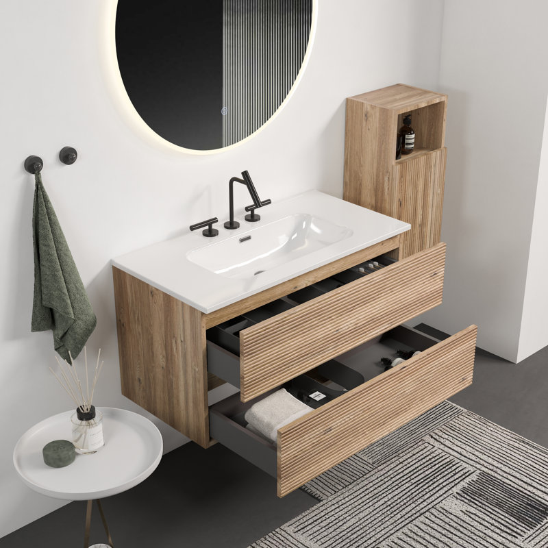 Meuble-lavabo moderne avec lavabo en céramique intégré, finition chêne