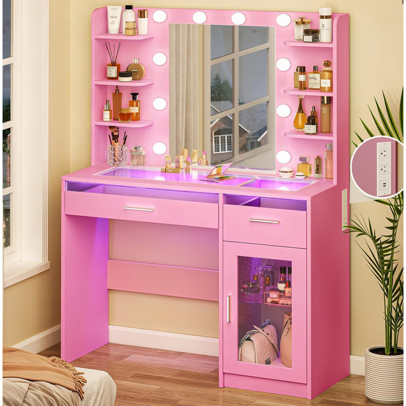Bureau de coiffeuse avec lumières Melanni, bureau transparent, prise de courant, Rose