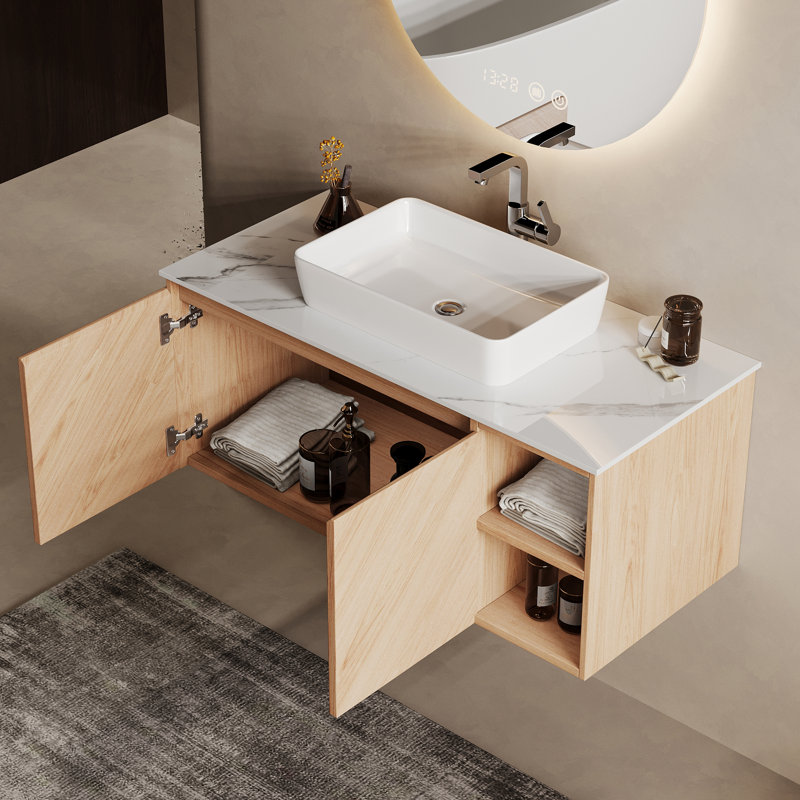 36" Wall-Mounted Natural Wood Bathroom Vanity with White Ceramic Sink, Single-Hole Faucet Hole, Pop-Up Drain & P-Trap Included