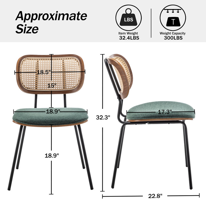 Chaise d'appoint moderne en lin avec dossier en rotin Sirine, Vert