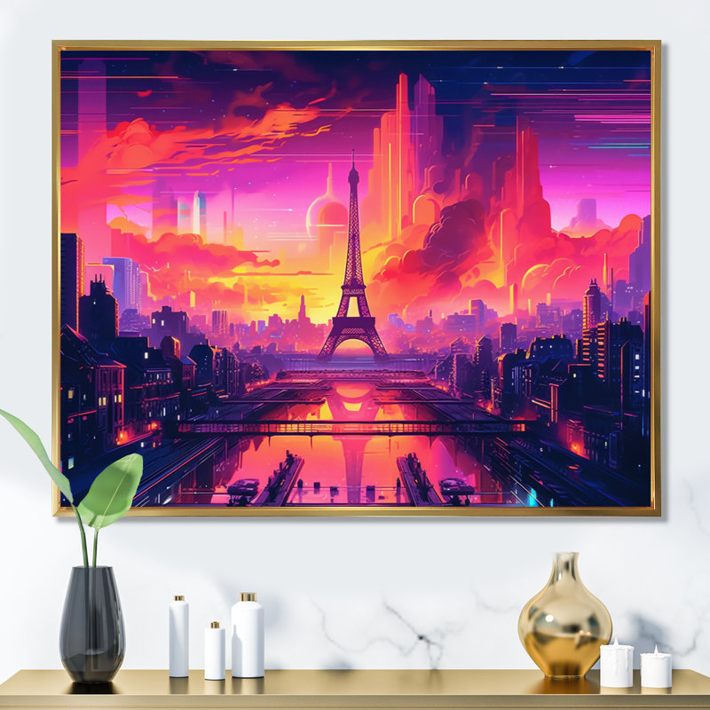 «Futuristic Paris Eiffel Tower Scenery I», reproduction sur toile, 24" H x 32" W, Gold Picture Framed