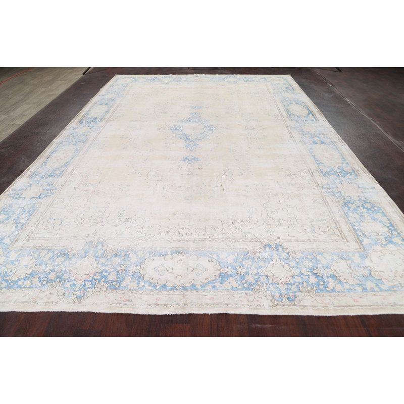 Tapis décoratif beige/bleu en laine de conception unique 8 pi 10 po x 12 pi 9 po noué à la main