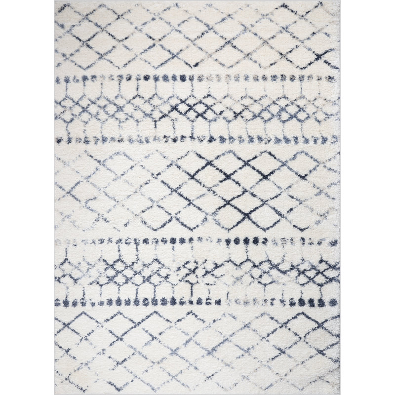 Tapis géométrique bleu / ivoire, Rectangle 5 pi 2 po x 7 pi 5 po