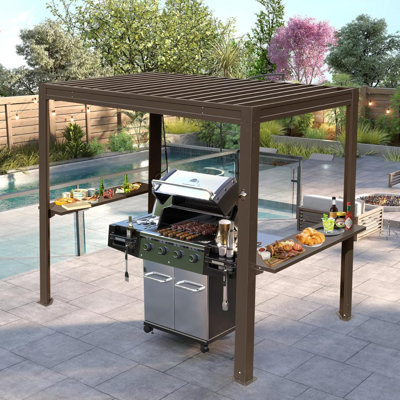Pergola à persiennes de 8 pi x 5 pi pour barbecue extérieur, pergola à toit rigide avec gouttière intégrée et toit imperméable réglable, abri de jardin en métal pour terrasse de patio - brun