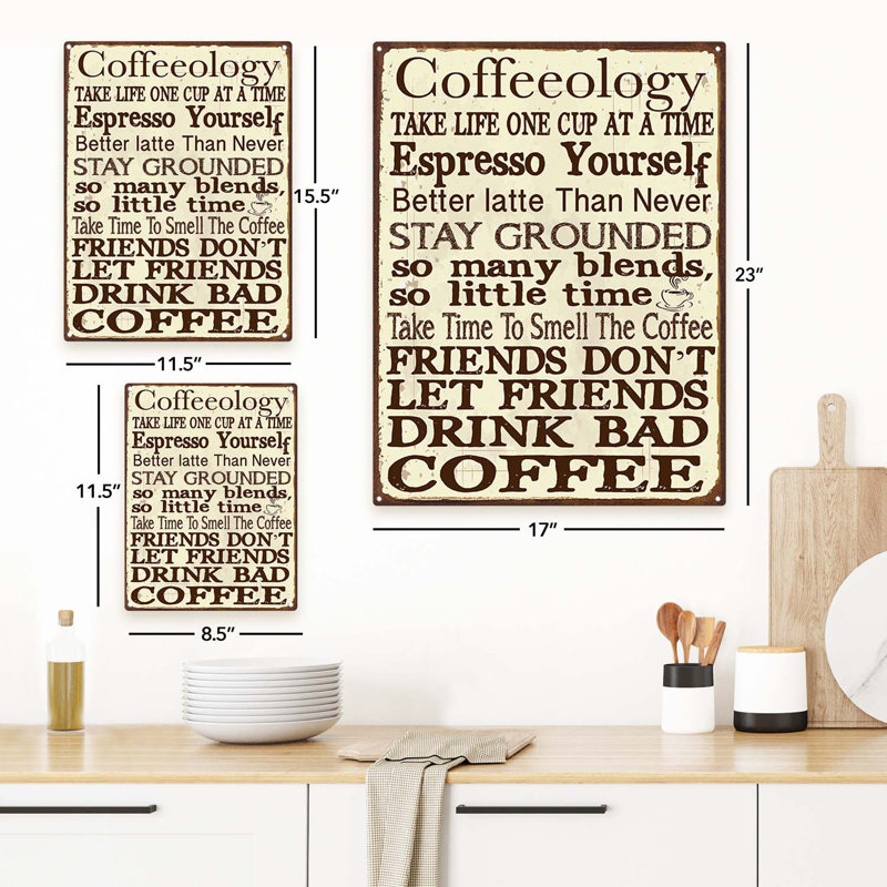 Coffeeology sur impression métallique, H 11,5 po x l 8,5 po x P 0,04 po