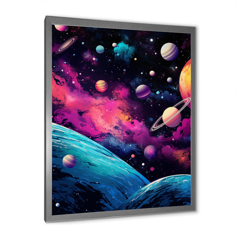 Galaxies de l'amour rose sur toile, Cadre simple argenté, H 44 po x l 34 po x P 1,5 po