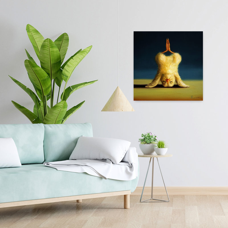 Yoga, poussin, lotus, appui-tête, oiseau, art urbain contemporain, H 24 po x l 24 po