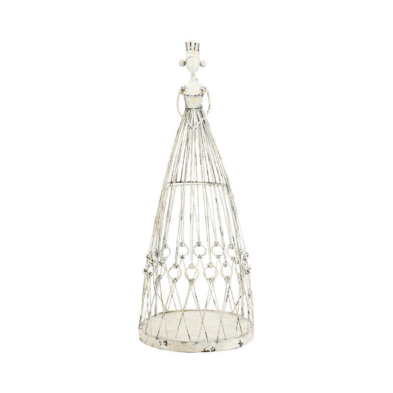 Cage à oiseaux en forme de princesse en fer blanc vieilli de 34 pouces avec jupe en fil métallique et couronne, nichoir décoratif pour l'intérieur et l'extérieur