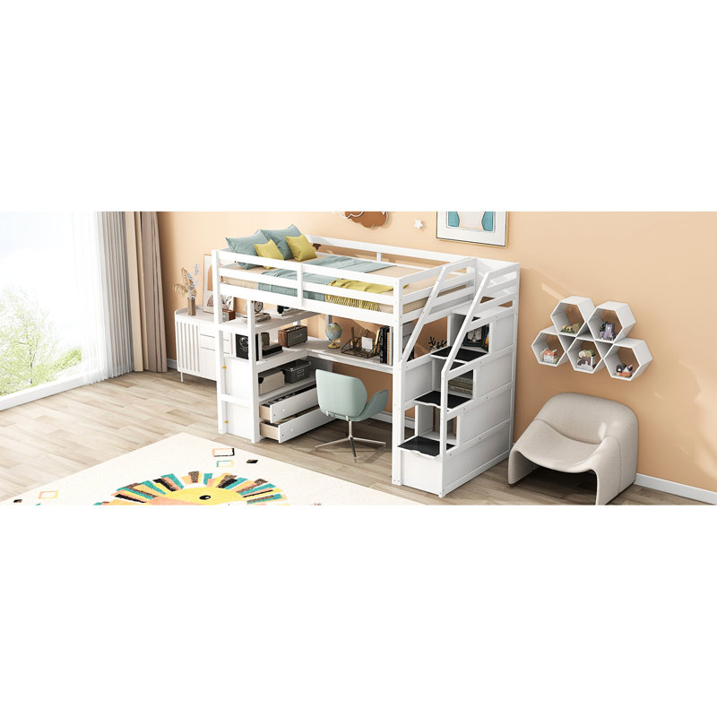White Twin Loft Bed With Desk, Shelves And Reliable Stability Shelves, Construction Materials In