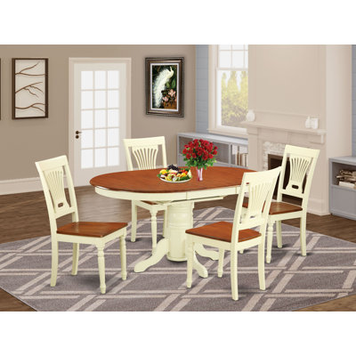 5 Piece Kitchen Table & Chairs Set Includes an Oval Dining Room Table with Butterfly Leaf and 4 Solid Wood Seat Chairs, Buttermilk & Cherry
