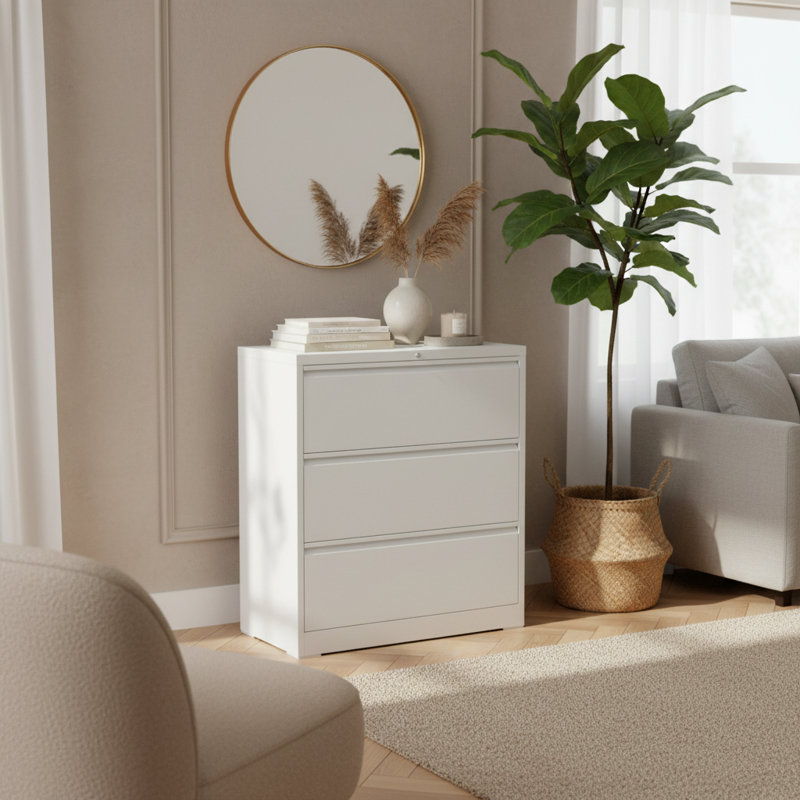 Classeur latéral à trois tiroirs avec mécanisme de verrouillage et dispositif de sécurité anti-basculement pour un rangement sécurisé des documents dans la maison ou le bureau