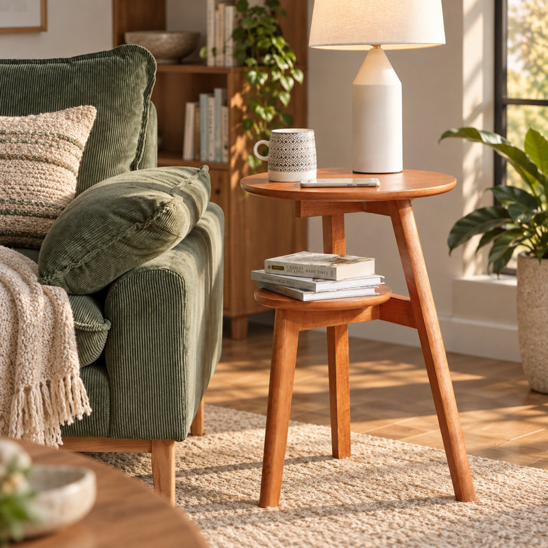 Table d'appoint ronde à deux niveaux en bois massif avec tablette de rangement, idéale pour le canapé et la table de chevet.