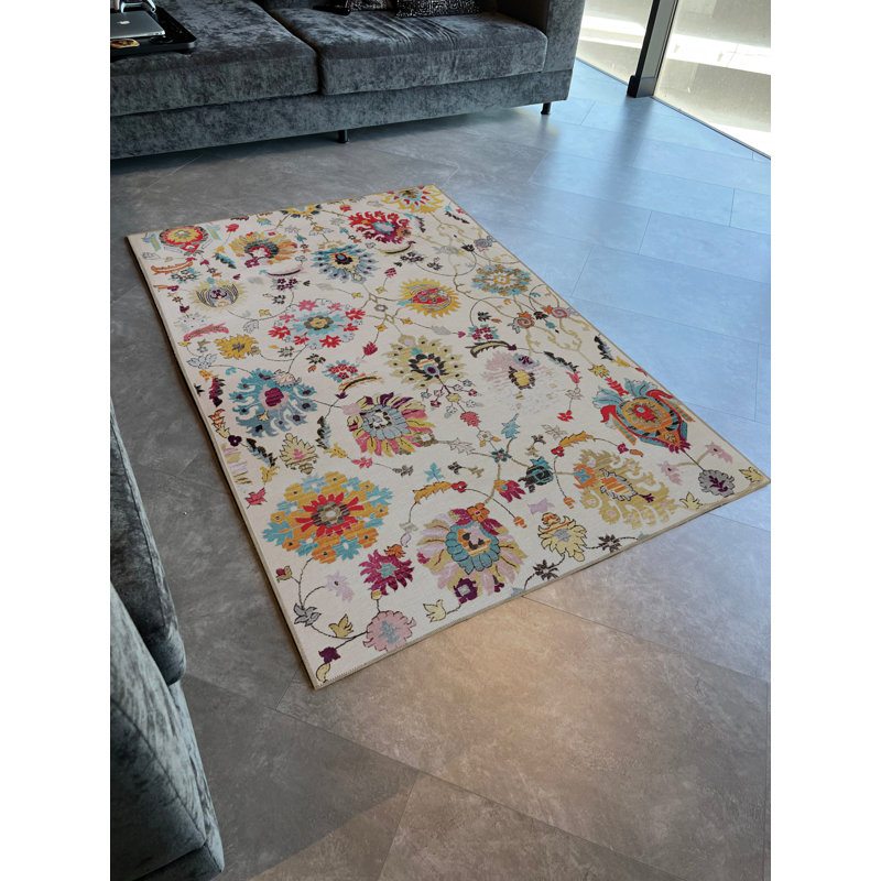 Tapis décoratif moderne multicolore à motif de fleurs beiges, Rectangle 3 pi 3 po x 6 pi 7 po