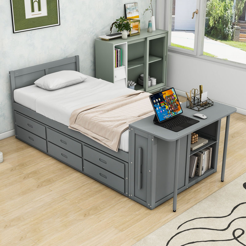 Twin Three Drawers Wood Platform Bed with Desk,Built-in Trundle and Storage Shelf, Grey