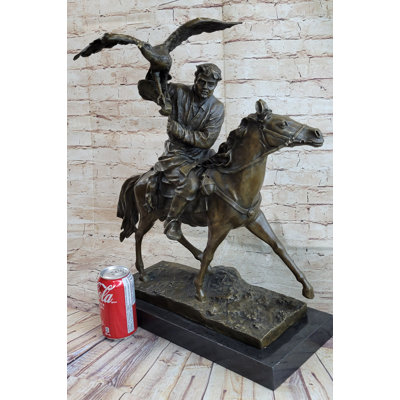 Horse Mounted Khazak Eagle Falcon Hunter Trained Bird Bronze Statue Sculpture Figure  21 Inches X 21 Inches