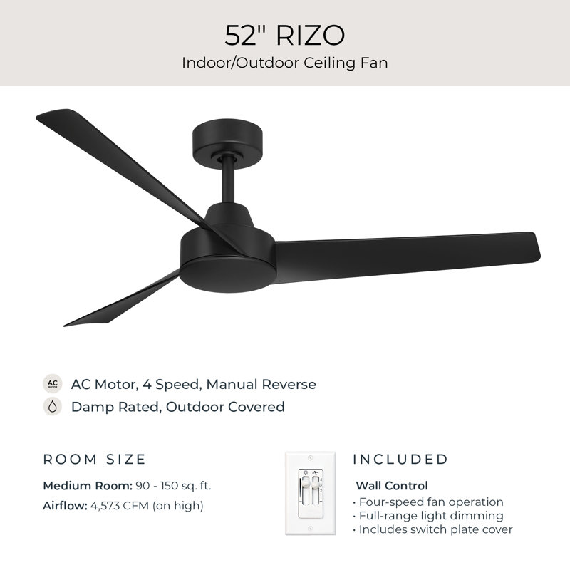 Rizo 52" 3 Blade Indoor/Outdoor Low-profile Matte Black Modern Ceiling Fan with Wall Control, Matte Black